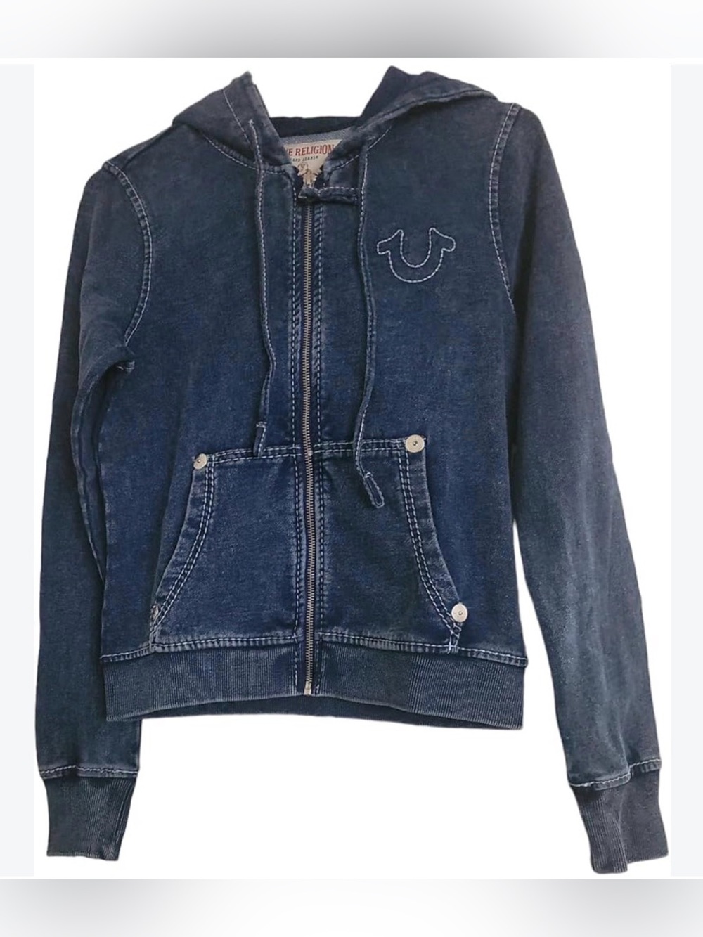 Women’s True Religion Vintage Navy Zip-Up Hoodie Jacket xs Buddha guitar cotton
